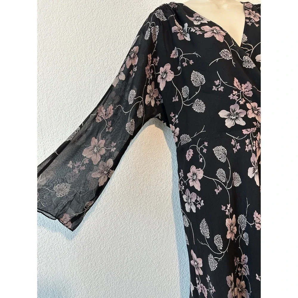New Nine West Plus Size 16 Silk Midi Dress Black Pink‎ Floral Career Wedding